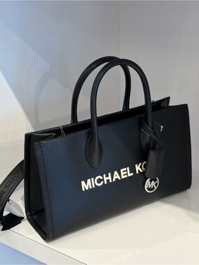 MICHAEL KORS Black Leather Logo Tote with Top Handles